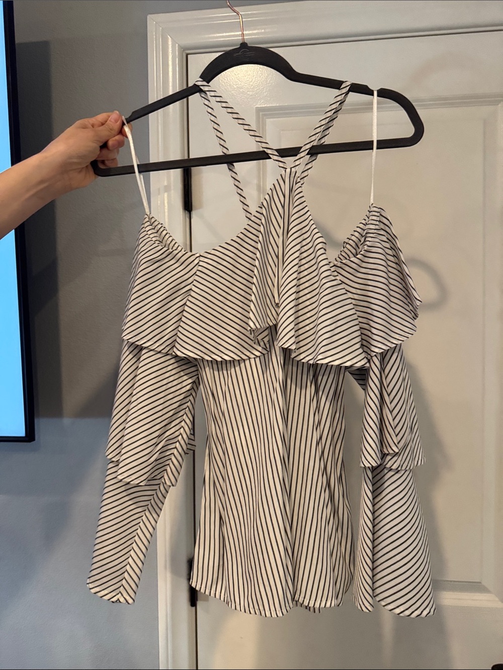 Striped Off-Shoulder Ruffle Blouse - White/Black